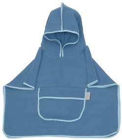 Prosop din bumbac muselina cu gluga si buzunar pentru bebelusi si copii, Poncho, Blue, 60x65 cm