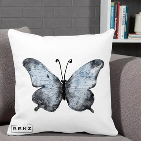 Perna Decorativa Fluture Acuarela Albastru-Gri, 40x40 cm, Alba Mata, Husa Detasabila, Perna Inclusa, BEKZ®