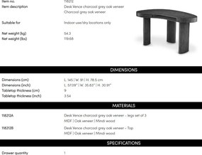 Birou design LUX din furnir de stejar Vence, gri carbune