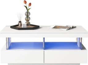 Masă de cafea modernă cu finisaj lucios, iluminare LED, 2 sertare, 100x60x49,5 cm, Alb