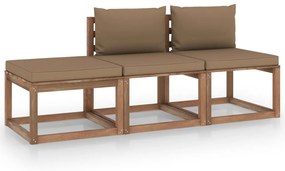 Set mobilier gradina paleti cu perne, 3 piese, lemn pin tratat Gri taupe, 2x mijloc + suport pentru picioare, 1