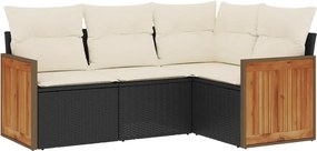 vidaXL Set mobilier de grădină cu perne, 4 piese, negru, poliratan