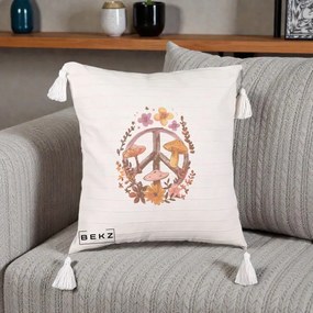 Perna Decorativa Peace Sign Ciuperci Floral, 40x40 cm, Bej cu Franjuri, Husa Detasabila, Perna Inclusa, BEKZ®
