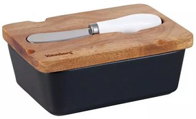 Cutie ceramica si cutit pentru unt Klausberg KB 7784, Capac lemn de salcam, Negru/maro