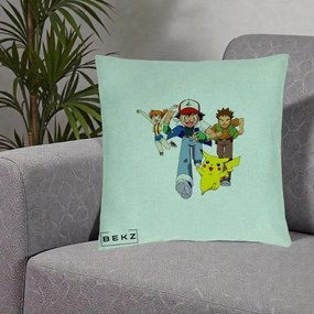 Perna Personalizata Pokemon Ash Misty Brock si Pikachu, 40x40 cm, Verde Menta, Husa Detasabila, Perna Inclusa, BEKZ®