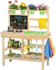 AIYAPLAY Bucătărie de noroi pentru copii în aer liber, bucătărie jucărie din lemn cu chiuvetă, plită, ghivece, tablă pentru 3-6 ani 77x32x95 cm lemn natural | Aosom Romania