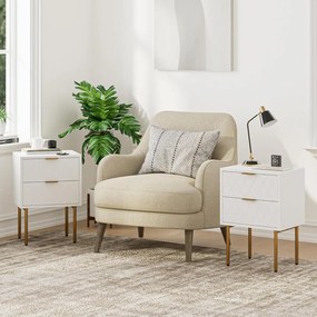 NOA41 - Set 2 Noptiere albe 40 cm, cu 2 sertare, dormitor - Alb-Auriu