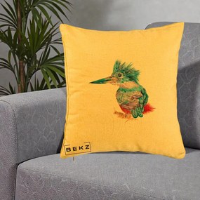 Perna Decorativa Pasare Martin Pescar Acuarela Albastru-Mov, 40x40 cm, Galben, Husa Detasabila, Perna Inclusa, BEKZ®