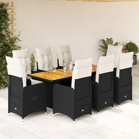 3276986 vidaXL Set bistro de grădină, 9 piese, cu perne, negru, poliratan