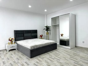 Dormitor Roma, culoare gri / alb, cu pat Roma 160 x 200 cm, dressing Erika si 2 noptiere Viena