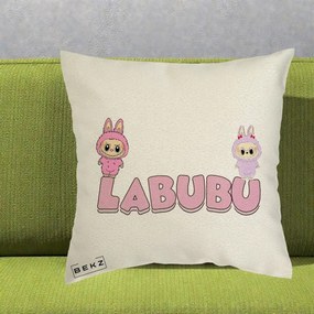 Perna Personalizata Labubu Duo Roz-Lila cu Text, 40x40 cm, Ecru, Husa Detasabila, Perna Inclusa, BEKZ®