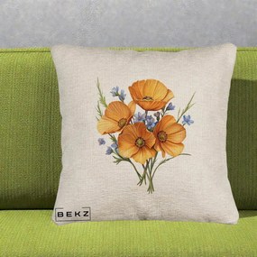 Perna Decorativa Maci Portocalii cu Floricele Albastre, 40x40 cm, Bej Canapea, Husa Detasabila, Perna Inclusa, BEKZ®