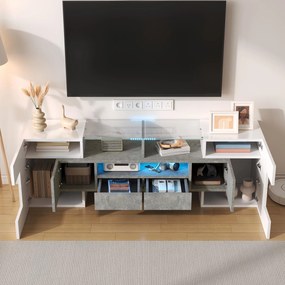 Dulap TV cu iluminare LED, suprafețe din sticlă, cu 6 uși, 2 sertare și 3 compartimente, 145x30x51 cm, Alb+Gri