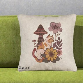 Perna Decorativa Pisica Vintage Florala Boho, 40x40 cm, Bej Canapea, Husa Detasabila, Perna Inclusa, BEKZ®