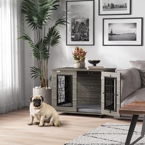 PawHut Cușcă pentru câini cu pernă, până la 20 kg/50 cm lungime corporală, metal, 80x56x63cm, Gri/decor lemn | Aosom Romania