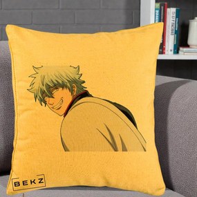 Perna Personalizata Gintama Gintoki Portret cu Zambet, 40x40 cm, Galben, Husa Detasabila, Perna Inclusa, BEKZ®