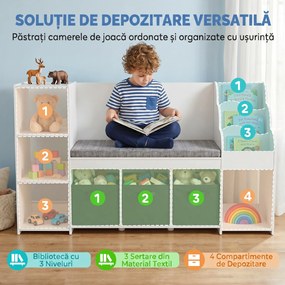 AIYAPLAY Raft Depozitare Jucării Copii 3-8 Ani cu Bibliotecă pe 3 Niveluri, 3 Sertare, 4 Compartimente, Pernă, Alb | Aosom Romania
