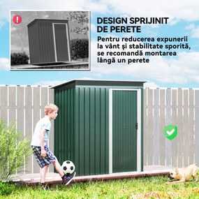 Outsunny Magazie de Grădină pentru Scule din Oțel Galvanizat cu Acoperiș Înclinat și Ușă Culisantă, 163x89x182 cm, Verde | Aosom Romania