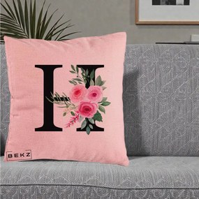 Cadou Personalizat - Perna Personalizata Monograma Florala Litera H cu Trandafiri Roz, 40x40 cm, Roz, Husa Detasabila, Perna Inclusa, BEKZ®