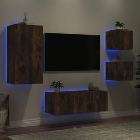 vidaXL Unități de perete TV cu LED-uri, 5 piese, stejar fumuriu, lemn