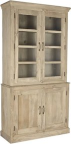 Vitrină din lemn de mango, natur, corp superior cu 2 uși vitrate, bază cu 2 uși pline și cornișă profilată, finisaj natural, 230 x 122 x 43 cm,
