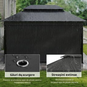Outsunny Foișor de Grădină 4x3 m cu Perdele Laterale Rulante, Foișor Exterior cu 8 Orificii de Drenaj, Acoperiș Dublu și Structură Metalică, pentru Grădină, Balcon, Petreceri, Curte, Terasă, Gri Închis | Aosom Romania