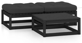 Set mobilier gradina cu perne, 3 piese, lemn masiv pin Negru, 1