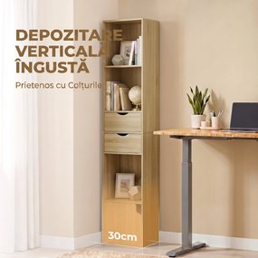 HOMCOM Bibliotecă Îngustă cu 6 Rafturi, Sertare, Ușă și Polițe Deschise, 30x24x158 cm, Stejar | Aosom Romania