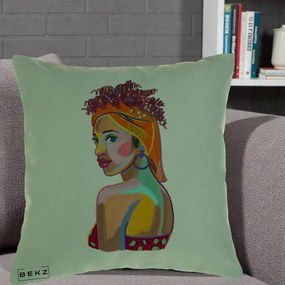 Perna Decorativa Portret Femeie Colorat Pop Art, 40x40 cm, Verde, Husa Detasabila, Perna Inclusa, BEKZ®