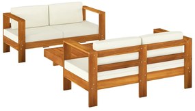 Set mobilier gradina cu perne alb crem, 3 piese, lemn masiv Alb crem, 2x Canapea cu 2 locuri + masa, 1