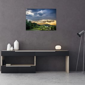 Tablou pe sticlă cu peisaj și raze de soare (70x50 cm)