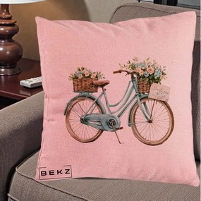Perna Decorativa Bicicleta Teal cu Cosuri Duble de Flori Vintage, 40x40 cm, Roz, Husa Detasabila, Perna Inclusa, BEKZ®