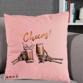 Perna Decorativa Halloween Cheers Schelete cu Bere, 40x40 cm, Roz, Husa Detasabila, Perna Inclusa, BEKZ®