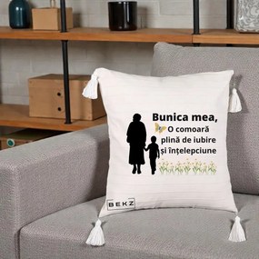 Cadou pentru Bunica - Perna Personalizata Bunica Mea Comoara cu Fluture si Baietel, 40x40 cm, Bej cu Franjuri, Husa Detasabila, Perna Inclusa, BEKZ®