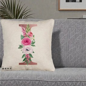 Cadou Personalizat - Perna Personalizata Monograma Rose Gold Litera I, 40x40 cm, Bej Canapea, Husa Detasabila, Perna Inclusa, BEKZ®