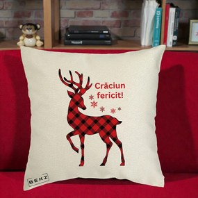 Perna Decorativa Ren Tartan Craciun Fericit, 40x40 cm, Ecru, Husa Detasabila, Perna Inclusa, BEKZ®