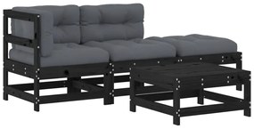 3186029 vidaXL Set mobilier de grădină cu perne, 4 piese, negru, lemn masiv