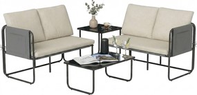 Outsunny Set Mobilier Grădină Exterior 4 Piese cu 2 Canapele 2 Locuri 2 Mese din Sticlă Perne Huse Detașabile și Buzunare Kaki | Aosom Romania
