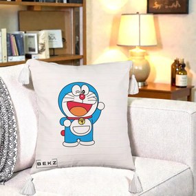 Perna Personalizata Doraemon Salutand, 40x40 cm, Bej cu Franjuri, Husa Detasabila, Perna Inclusa, BEKZ®