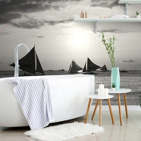 Fototapet apus de soare la mare în design alb-negru