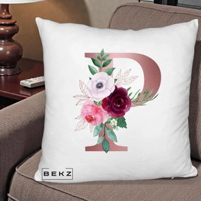 Cadou Personalizat - Perna Personalizata Monograma Rose Gold Litera P, 40x40 cm, Alb Pufos, Husa Detasabila, Perna Inclusa, BEKZ®