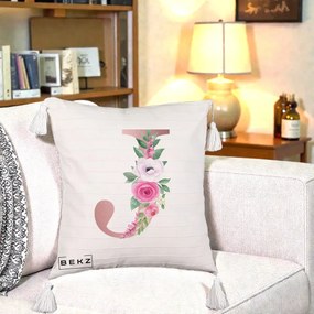 Cadou Personalizat - Perna Personalizata Monograma Rose Gold Litera J, 40x40 cm, Bej cu Franjuri, Husa Detasabila, Perna Inclusa, BEKZ®