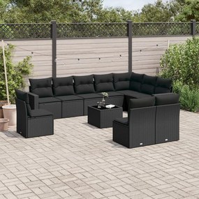 3219105 vidaXL Set canapele de grădină cu perne, 11 piese, negru, poliratan