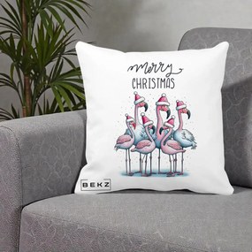 Perna Decorativa Flamingo Merry Christmas, 40x40 cm, Alba Mata, Husa Detasabila, Perna Inclusa, BEKZ®