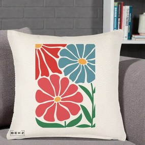 Perna Decorativa Flori Grafice Rosu-Albastru, 40x40 cm, Crem Reliefat, Husa Detasabila, Perna Inclusa, BEKZ®
