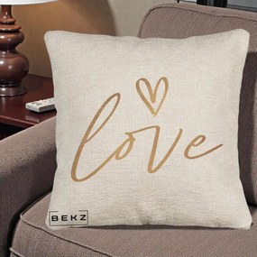 Perna Decorativa Love Caligrafie Aurie, 40x40 cm, Bej Canapea, Husa Detasabila, Perna Inclusa, BEKZ®