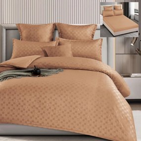 Set lenjerie de pat cu elastic, model embosat, tesatura tip finet, 6 piese, pat 2 persoane, bej inchis, T4-09