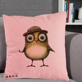 Perna Decorativa Pui Intelectual cu Palarie Tweed, 40x40 cm, Roz, Husa Detasabila, Perna Inclusa, BEKZ®