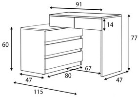 BIA513 - Birou stanga/dreapta, 115/130 cm, masa de calculator drept sau pe colt cu 5 sertare, office - Alb