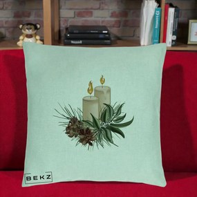 Perna Decorativa Lumanari cu Ilex si Conuri Ilustratie, 40x40 cm, Verde Menta, Husa Detasabila, Perna Inclusa, BEKZ®